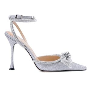 NIB MACH & MACH Double Bow Crystal Glittered Silver Pointed Toe Pump Size 38.5